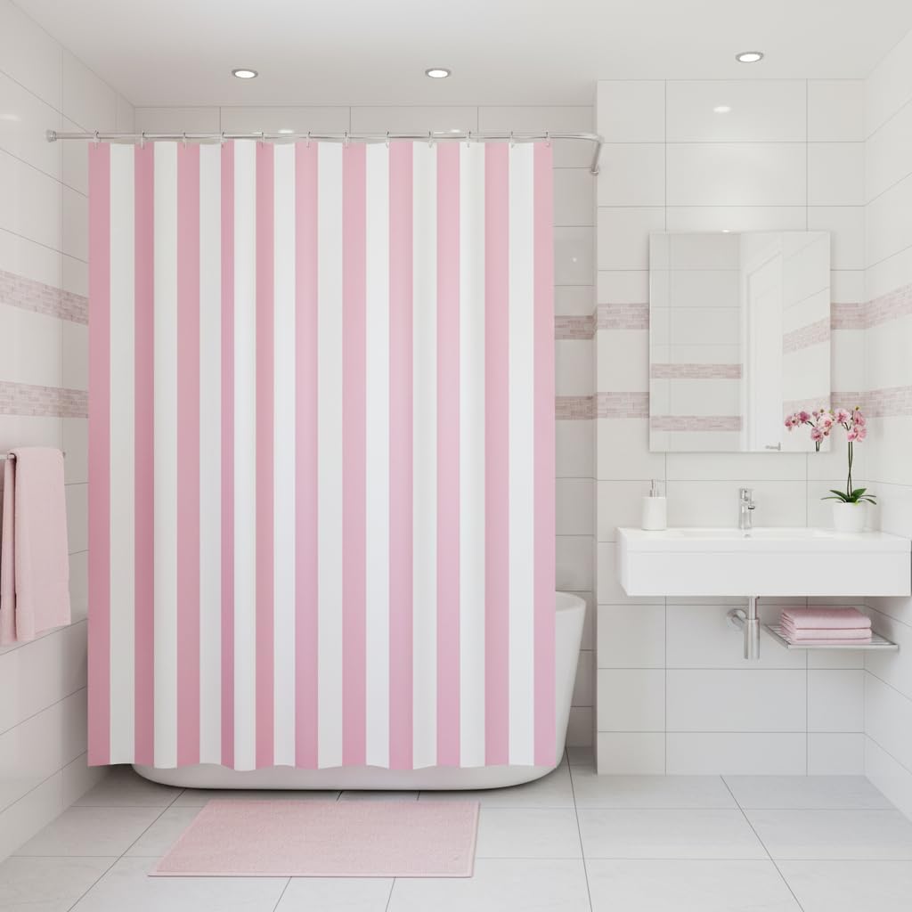 Pink and White Striped Shower Curtain Vertical Stripe Geometric Modern Farmhouse Chic Style Bathroom Decor Fabric Curtains with Hook 70Wx70H Inches