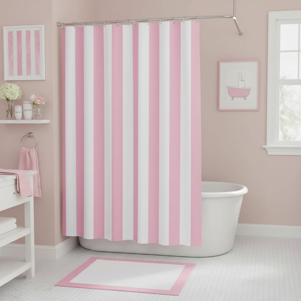 Pink and White Striped Shower Curtain Vertical Stripe Geometric Modern Farmhouse Chic Style Bathroom Decor Fabric Curtains with Hook 70Wx70H Inches