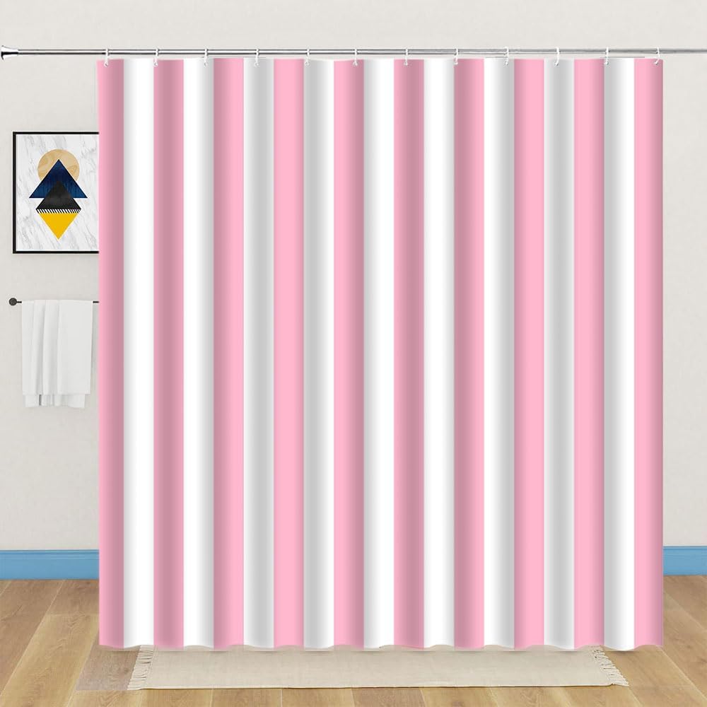 Pink and White Striped Shower Curtain Vertical Stripe Geometric Modern Farmhouse Chic Style Bathroom Decor Fabric Curtains with Hook 70Wx70H Inches