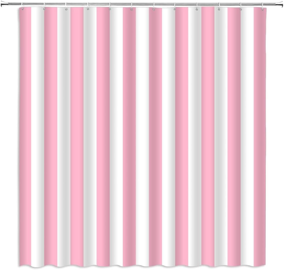 Pink and White Striped Shower Curtain Vertical Stripe Geometric Modern Farmhouse Chic Style Bathroom Decor Fabric Curtains with Hook 70Wx70H Inches