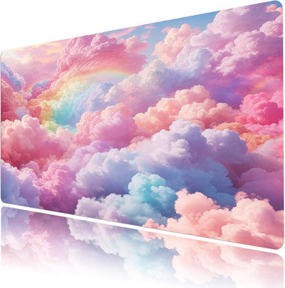 Cute Cloud Mouse Pad Modern Aesthetic Pastel Cloud Large Mouse Pad for Desk Pink Extended Simple Gaming Computer Desk Pad for Office and Home Non-Slip Rubber Base Mouse Mat 15.75L X 31.5W Inch