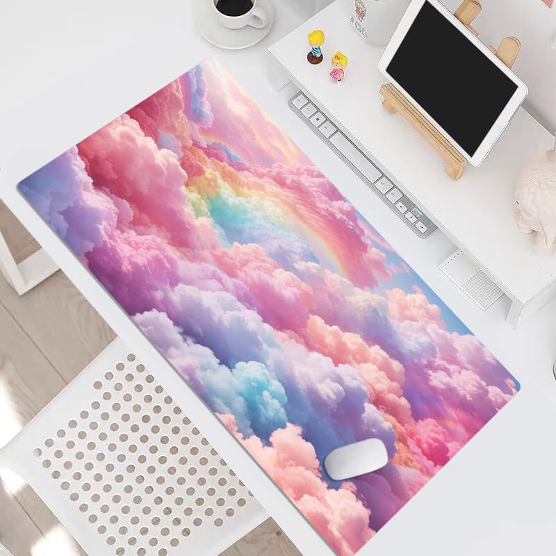 Cute Cloud Mouse Pad Modern Aesthetic Pastel Cloud Large Mouse Pad for Desk Pink Extended Simple Gaming Computer Desk Pad for Office and Home Non-Slip Rubber Base Mouse Mat 15.75L X 31.5W Inch