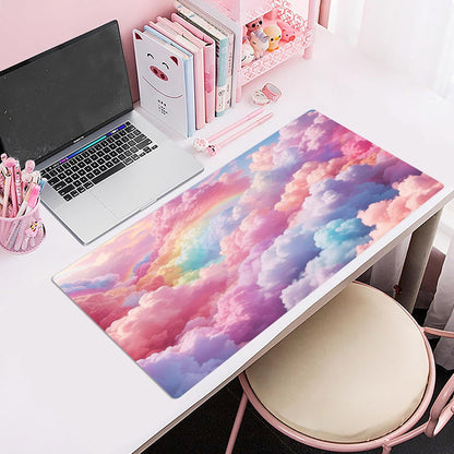Cute Cloud Mouse Pad Modern Aesthetic Pastel Cloud Large Mouse Pad for Desk Pink Extended Simple Gaming Computer Desk Pad for Office and Home Non-Slip Rubber Base Mouse Mat 15.75L X 31.5W Inch