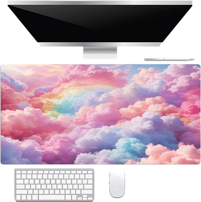 Cute Cloud Mouse Pad Modern Aesthetic Pastel Cloud Large Mouse Pad for Desk Pink Extended Simple Gaming Computer Desk Pad for Office and Home Non-Slip Rubber Base Mouse Mat 15.75L X 31.5W Inch