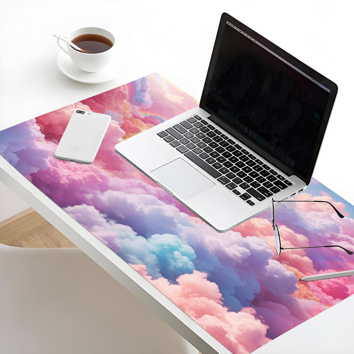 Cute Cloud Mouse Pad Modern Aesthetic Pastel Cloud Large Mouse Pad for Desk Pink Extended Simple Gaming Computer Desk Pad for Office and Home Non-Slip Rubber Base Mouse Mat 15.75L X 31.5W Inch