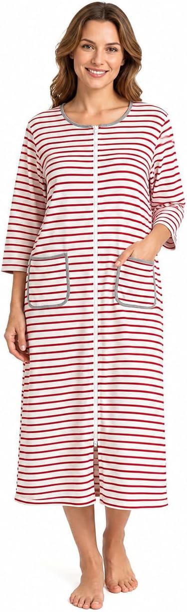 Women's Zip Front Bathrobe Robe，3/4 Sleeve Housecoat