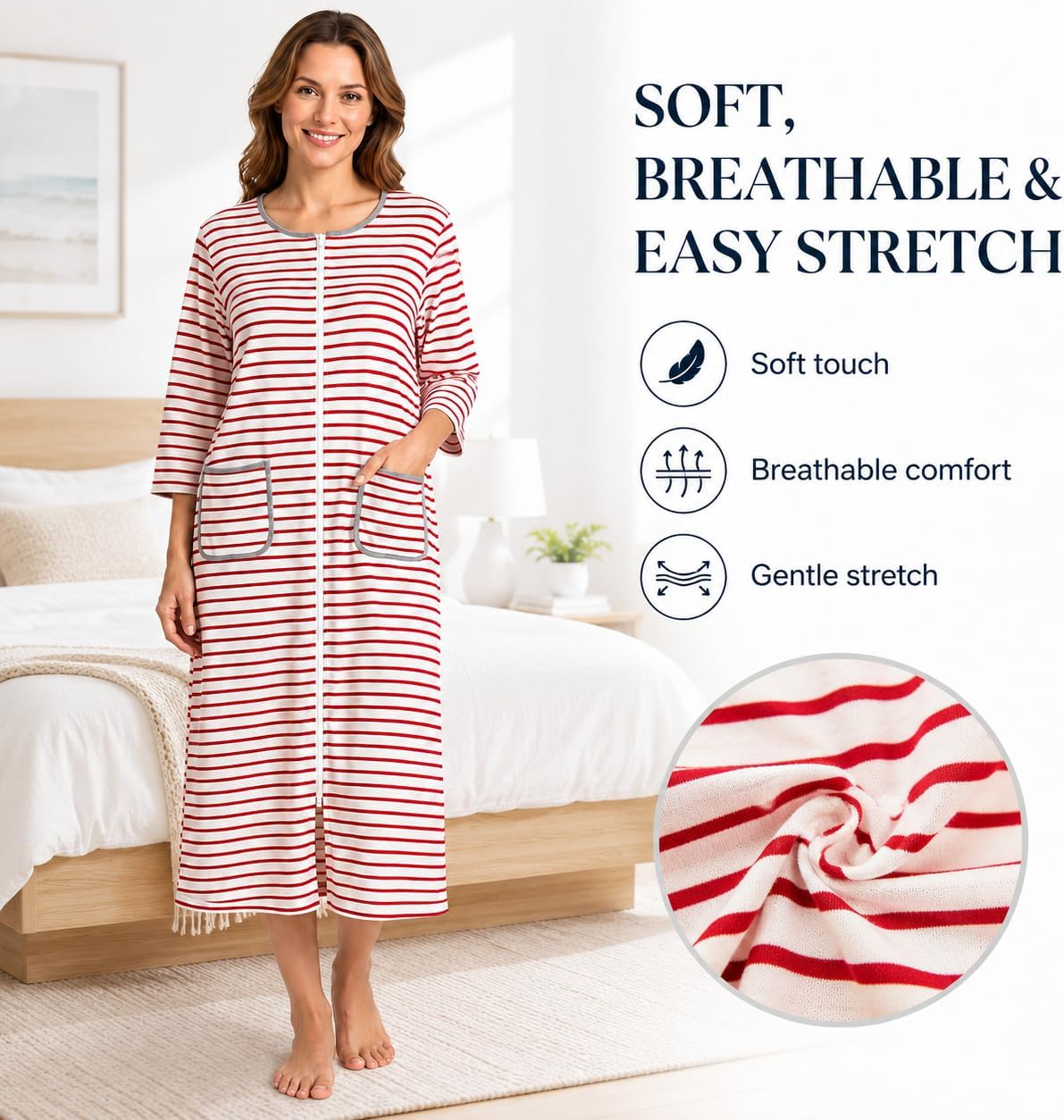 Women's Zip Front Bathrobe Robe，3/4 Sleeve Housecoat