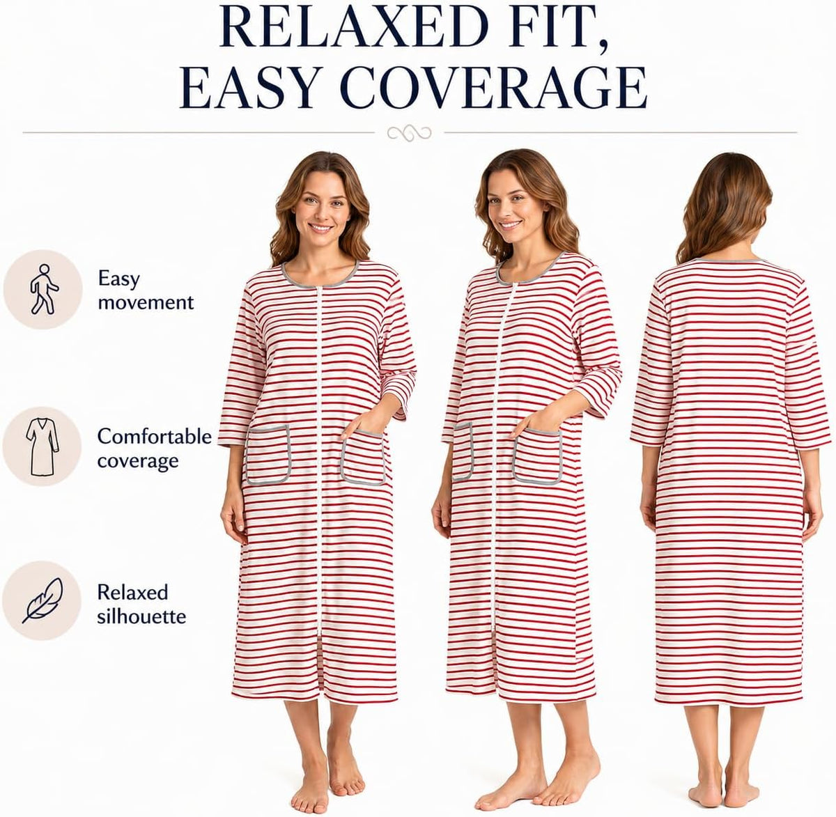 Women's Zip Front Bathrobe Robe，3/4 Sleeve Housecoat