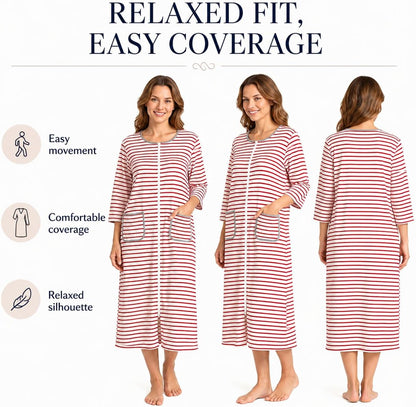 Women's Zip Front Bathrobe Robe，3/4 Sleeve Housecoat