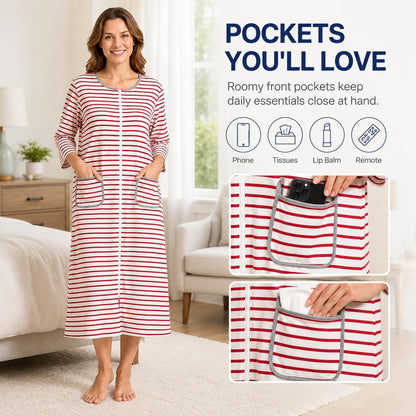 Women's Zip Front Bathrobe Robe，3/4 Sleeve Housecoat