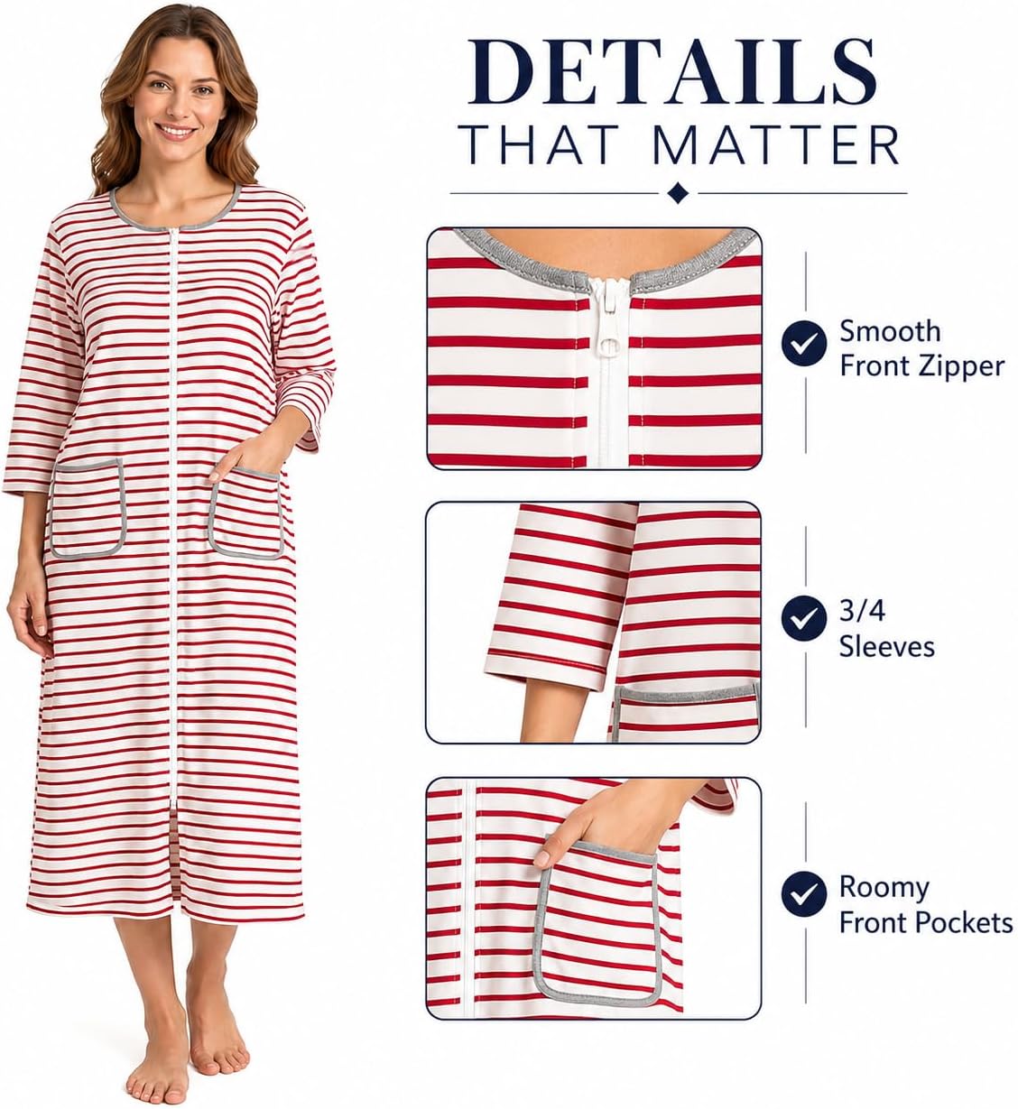 Women's Zip Front Bathrobe Robe，3/4 Sleeve Housecoat