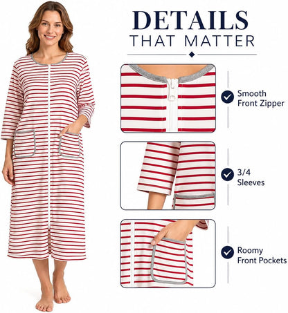 Women's Zip Front Bathrobe Robe，3/4 Sleeve Housecoat