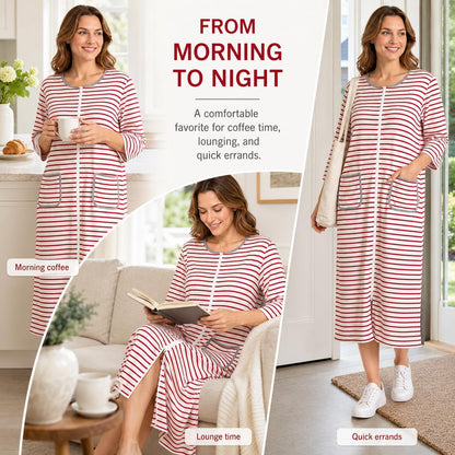 Women's Zip Front Bathrobe Robe，3/4 Sleeve Housecoat