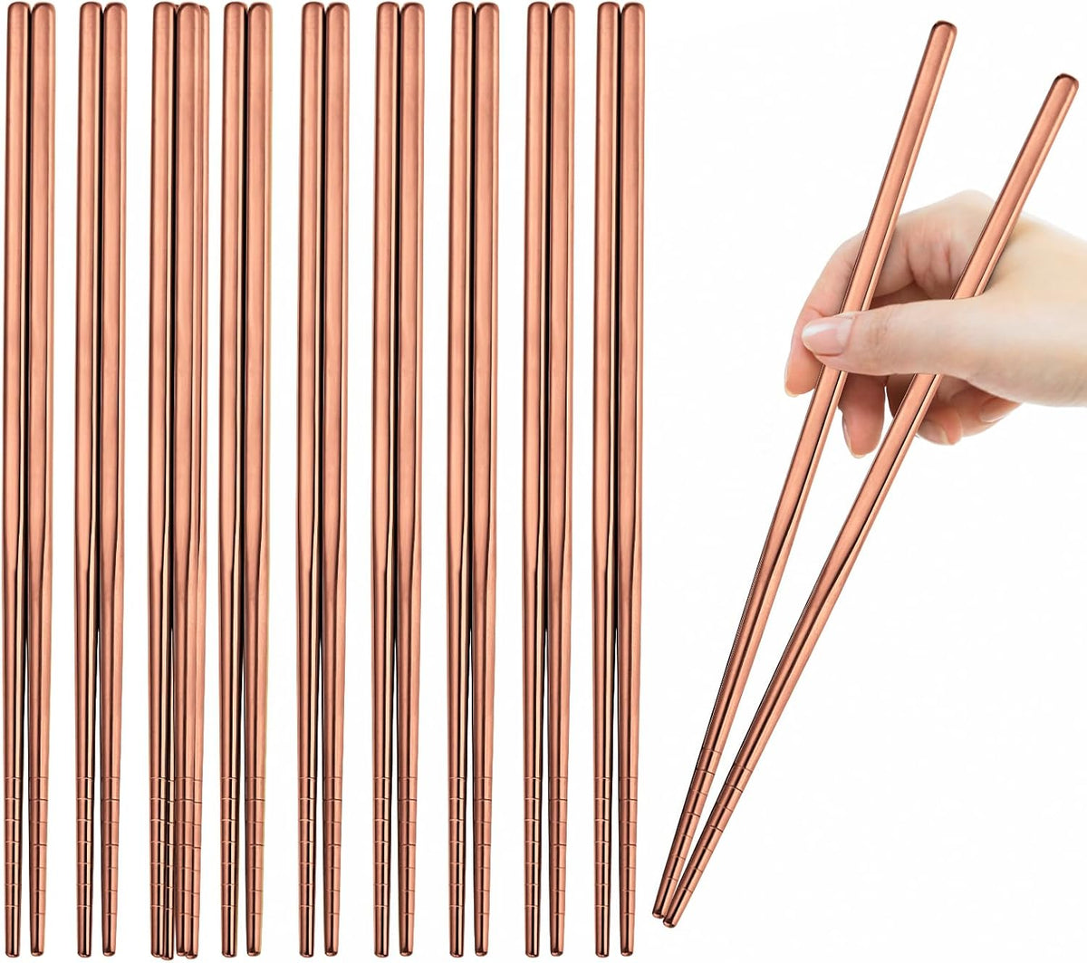 10 Pairs Rose Gold Chopsticks Set Stainless Steel 304 Reusable Non-slip Line Design Metal Chop Sticks for Cooking and Eating Kitchen Utensils Dishwasher Safe Tableware Gift Set