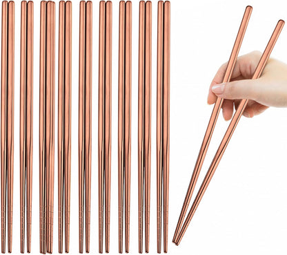 10 Pairs Rose Gold Chopsticks Set Stainless Steel 304 Reusable Non-slip Line Design Metal Chop Sticks for Cooking and Eating Kitchen Utensils Dishwasher Safe Tableware Gift Set