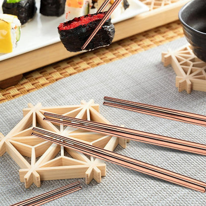 10 Pairs Rose Gold Chopsticks Set Stainless Steel 304 Reusable Non-slip Line Design Metal Chop Sticks for Cooking and Eating Kitchen Utensils Dishwasher Safe Tableware Gift Set