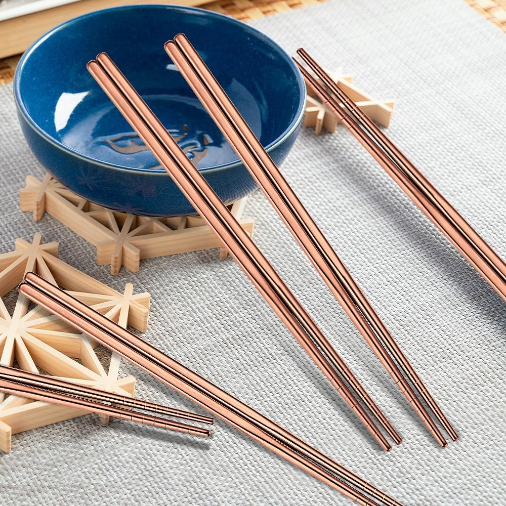 10 Pairs Rose Gold Chopsticks Set Stainless Steel 304 Reusable Non-slip Line Design Metal Chop Sticks for Cooking and Eating Kitchen Utensils Dishwasher Safe Tableware Gift Set