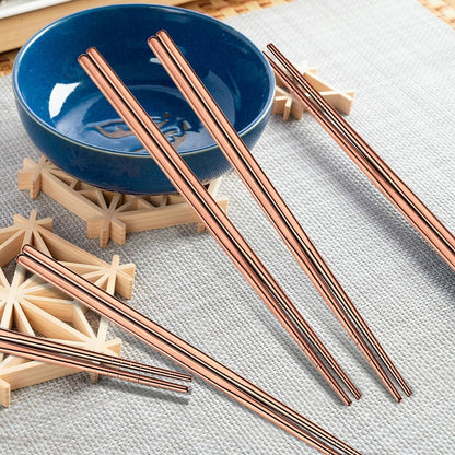 10 Pairs Rose Gold Chopsticks Set Stainless Steel 304 Reusable Non-slip Line Design Metal Chop Sticks for Cooking and Eating Kitchen Utensils Dishwasher Safe Tableware Gift Set