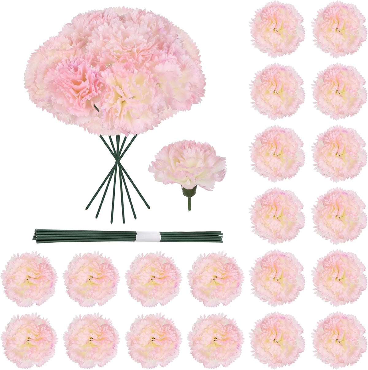 20PCS Pink Carnations Artificial Flowers with Stems, 3.15in Silk Carnations Heads Fake Flowers in Bulk for Home Weddings Table Centerpiece DIY Crafts Parties Décor(Light Pink)