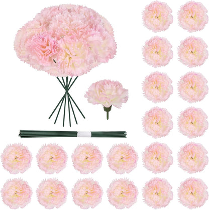 20PCS Pink Carnations Artificial Flowers with Stems, 3.15in Silk Carnations Heads Fake Flowers in Bulk for Home Weddings Table Centerpiece DIY Crafts Parties Décor(Light Pink)