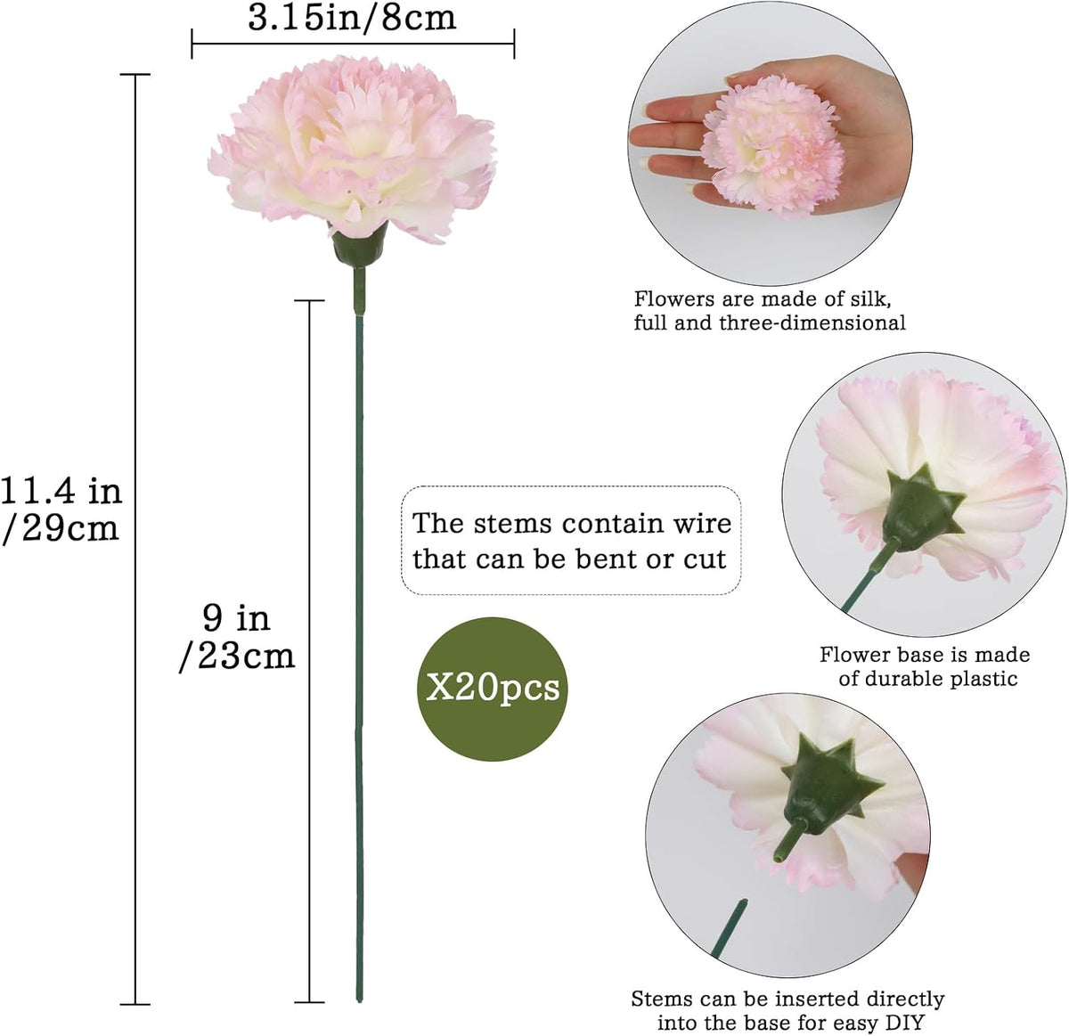20PCS Pink Carnations Artificial Flowers with Stems, 3.15in Silk Carnations Heads Fake Flowers in Bulk for Home Weddings Table Centerpiece DIY Crafts Parties Décor(Light Pink)
