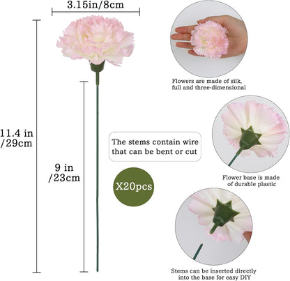 20PCS Pink Carnations Artificial Flowers with Stems, 3.15in Silk Carnations Heads Fake Flowers in Bulk for Home Weddings Table Centerpiece DIY Crafts Parties Décor(Light Pink)