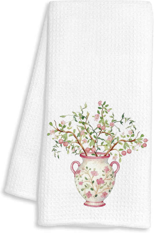 Chinoiserie Pink Floral Kitchen Towels, Grand Millenial Decor, Vintage Pink Flower Berry Plant Decorative Dish Hand Tea Towels for Bathroom Kitchen, 16x24 Inch