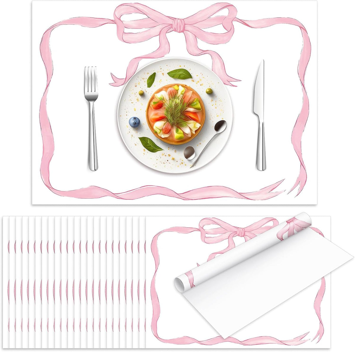 50 Sheets Pink Bow Paper Placemat Coquette Bowknot Place Mat Cute Disposable Table Mat for Bachelorette Party Dinner Table, 14 x 10 Inch