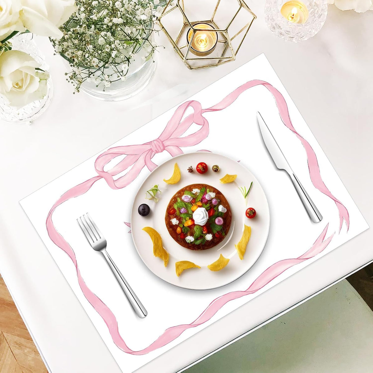 50 Sheets Pink Bow Paper Placemat Coquette Bowknot Place Mat Cute Disposable Table Mat for Bachelorette Party Dinner Table, 14 x 10 Inch