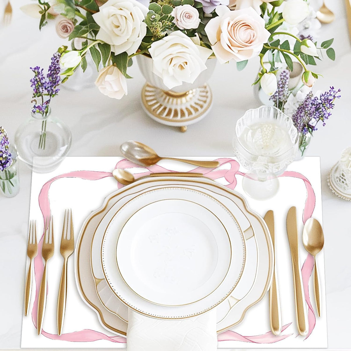50 Sheets Pink Bow Paper Placemat Coquette Bowknot Place Mat Cute Disposable Table Mat for Bachelorette Party Dinner Table, 14 x 10 Inch