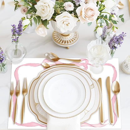 50 Sheets Pink Bow Paper Placemat Coquette Bowknot Place Mat Cute Disposable Table Mat for Bachelorette Party Dinner Table, 14 x 10 Inch