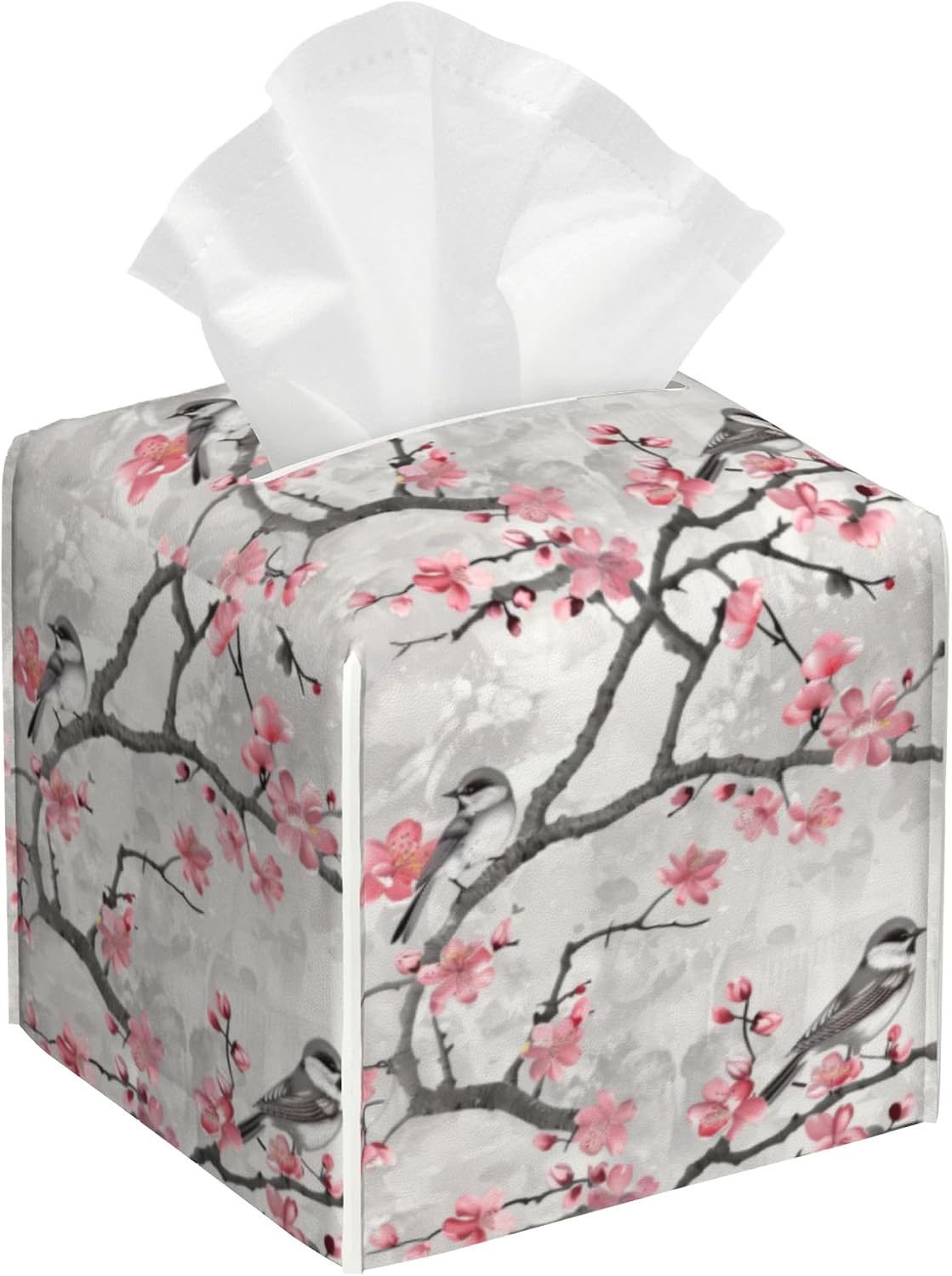 Pink Floral and Grey Birds Tissue Box Cover Square,Cute Birds and Flowers Leather Tissue Box Holder Decorative Facial Cube Paper Cover Case Organizer for Bathroom Night Stands Desk Home