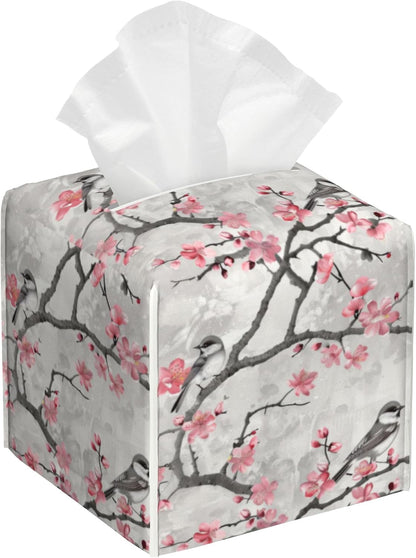 Pink Floral and Grey Birds Tissue Box Cover Square,Cute Birds and Flowers Leather Tissue Box Holder Decorative Facial Cube Paper Cover Case Organizer for Bathroom Night Stands Desk Home