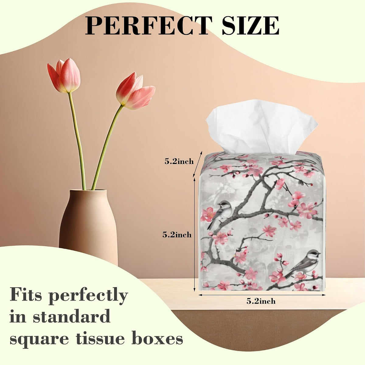 Pink Floral and Grey Birds Tissue Box Cover Square,Cute Birds and Flowers Leather Tissue Box Holder Decorative Facial Cube Paper Cover Case Organizer for Bathroom Night Stands Desk Home