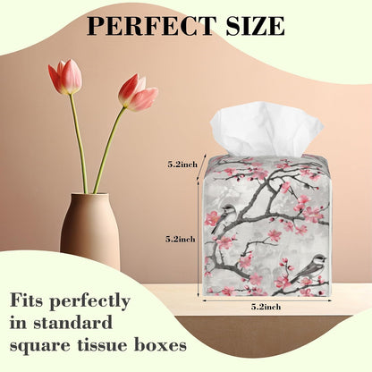 Pink Floral and Grey Birds Tissue Box Cover Square,Cute Birds and Flowers Leather Tissue Box Holder Decorative Facial Cube Paper Cover Case Organizer for Bathroom Night Stands Desk Home
