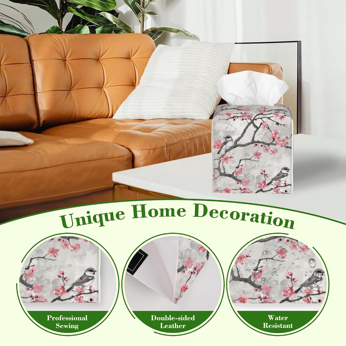 Pink Floral and Grey Birds Tissue Box Cover Square,Cute Birds and Flowers Leather Tissue Box Holder Decorative Facial Cube Paper Cover Case Organizer for Bathroom Night Stands Desk Home