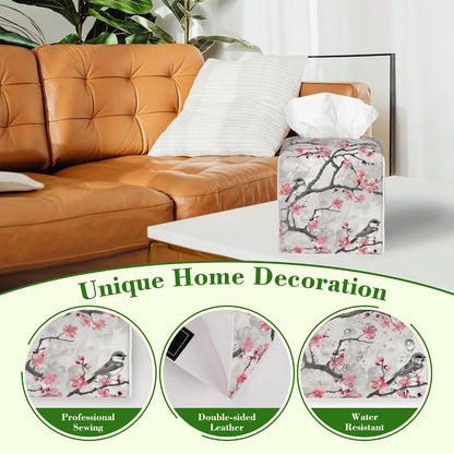 Pink Floral and Grey Birds Tissue Box Cover Square,Cute Birds and Flowers Leather Tissue Box Holder Decorative Facial Cube Paper Cover Case Organizer for Bathroom Night Stands Desk Home