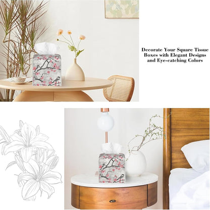 Pink Floral and Grey Birds Tissue Box Cover Square,Cute Birds and Flowers Leather Tissue Box Holder Decorative Facial Cube Paper Cover Case Organizer for Bathroom Night Stands Desk Home