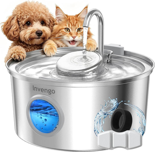 Invengo Cat Water Fountain Stainless Steel, 108oz/3.2L Pet Fountain with Large Water Level Window, Ultra Quiet Automatic Cat Water Dispenser for Cats and Dogs, 2 Flow Modes, Splash-Proof Design