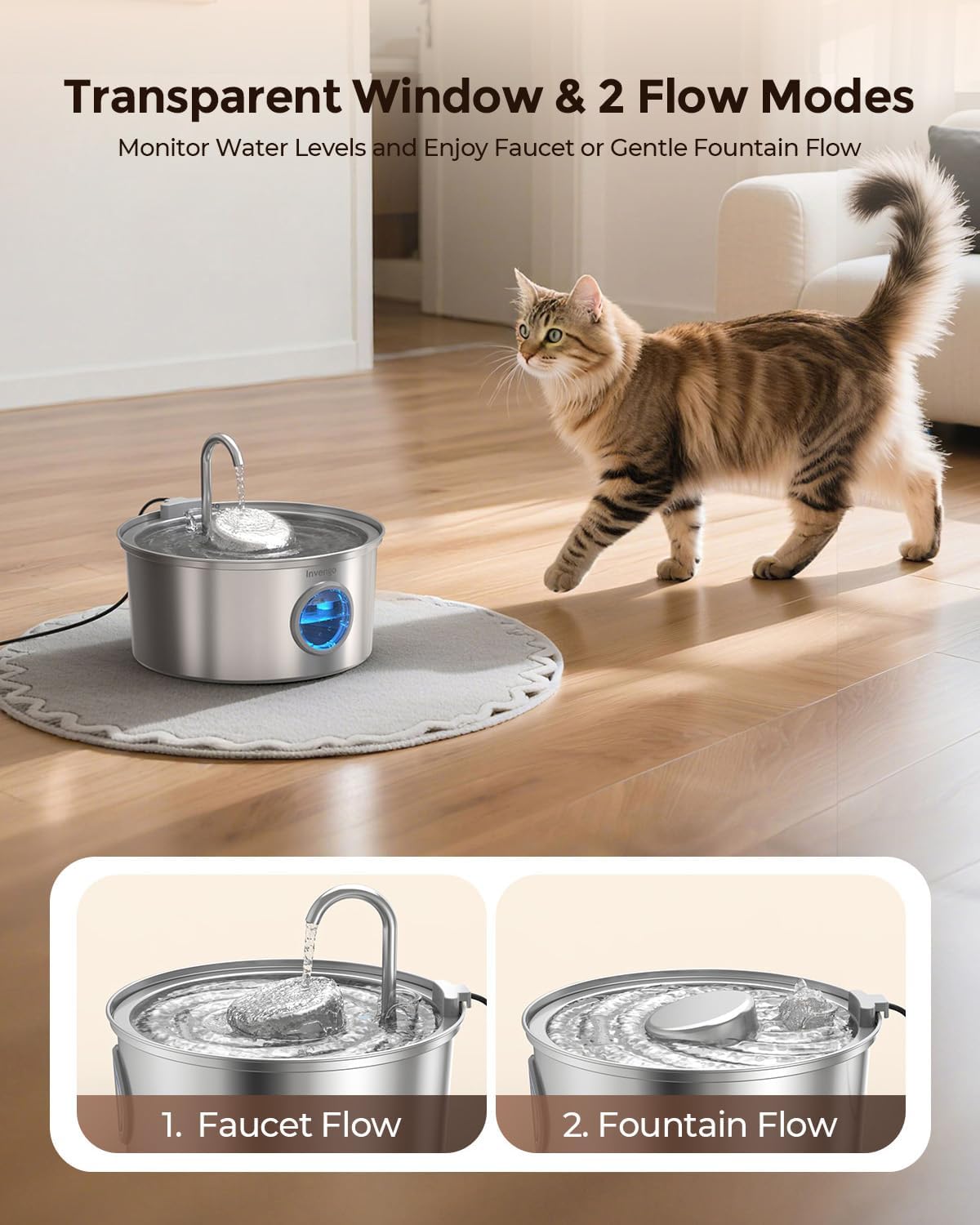 Invengo Cat Water Fountain Stainless Steel, 108oz/3.2L Pet Fountain with Large Water Level Window, Ultra Quiet Automatic Cat Water Dispenser for Cats and Dogs, 2 Flow Modes, Splash-Proof Design