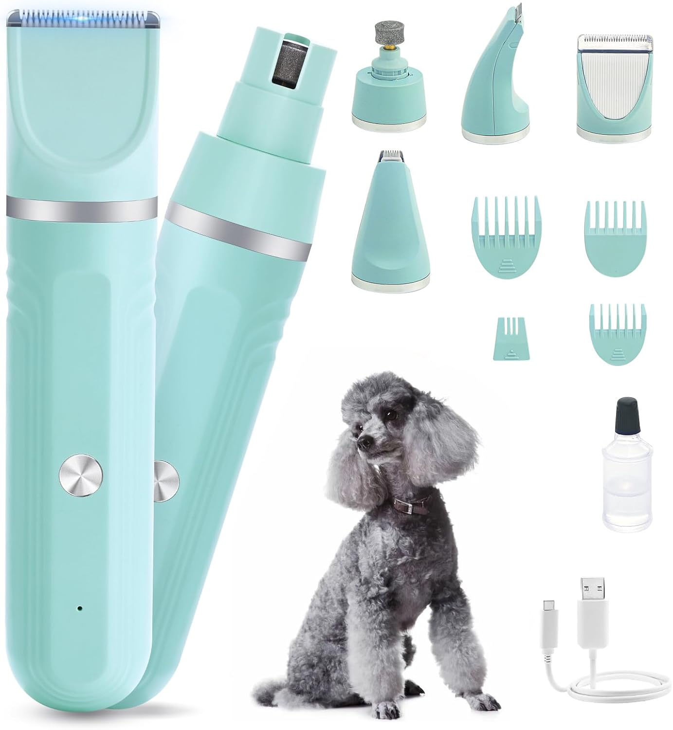 Dog Hair Clippers Grooming Kit and Paw Trimmer Nail Grinder Quiet,Dog Trimmer for Grooming,4-in-1 Rechargeable Cordless Low Noise Dog Shaver Grooming for Dogs Pets Cats(Green)
