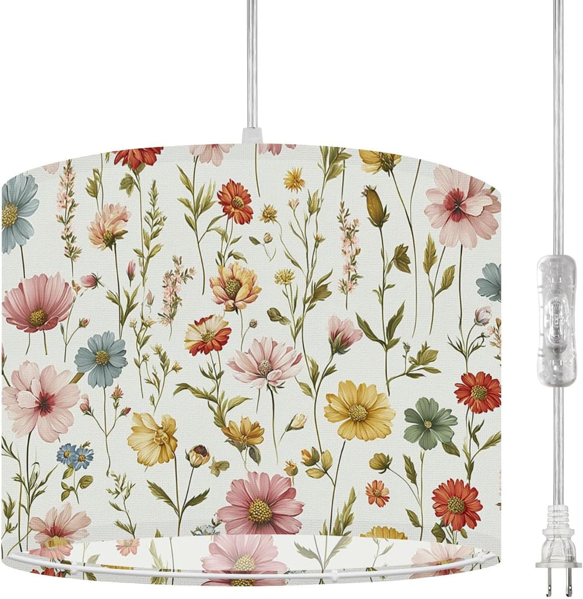 Plug in Pendant Light Floral Wildflower Botanical Pastel Pink Yellow Blue Flowers Light Hanging Light with Plug in Clear Cord Dimmable Switch Linen Shade Hanging Lamp Fixture for Bedroom Kitchen
