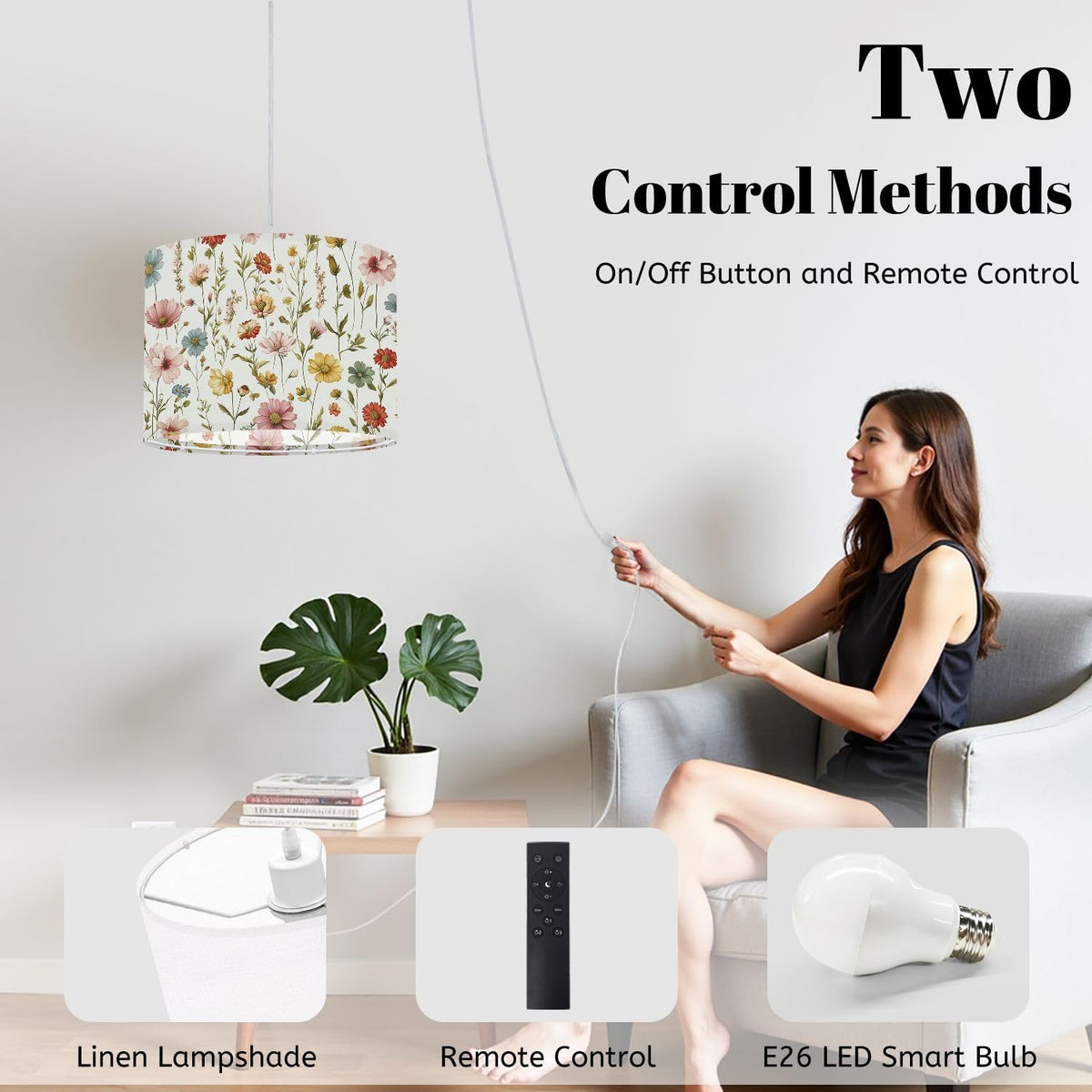 Plug in Pendant Light Floral Wildflower Botanical Pastel Pink Yellow Blue Flowers Light Hanging Light with Plug in Clear Cord Dimmable Switch Linen Shade Hanging Lamp Fixture for Bedroom Kitchen
