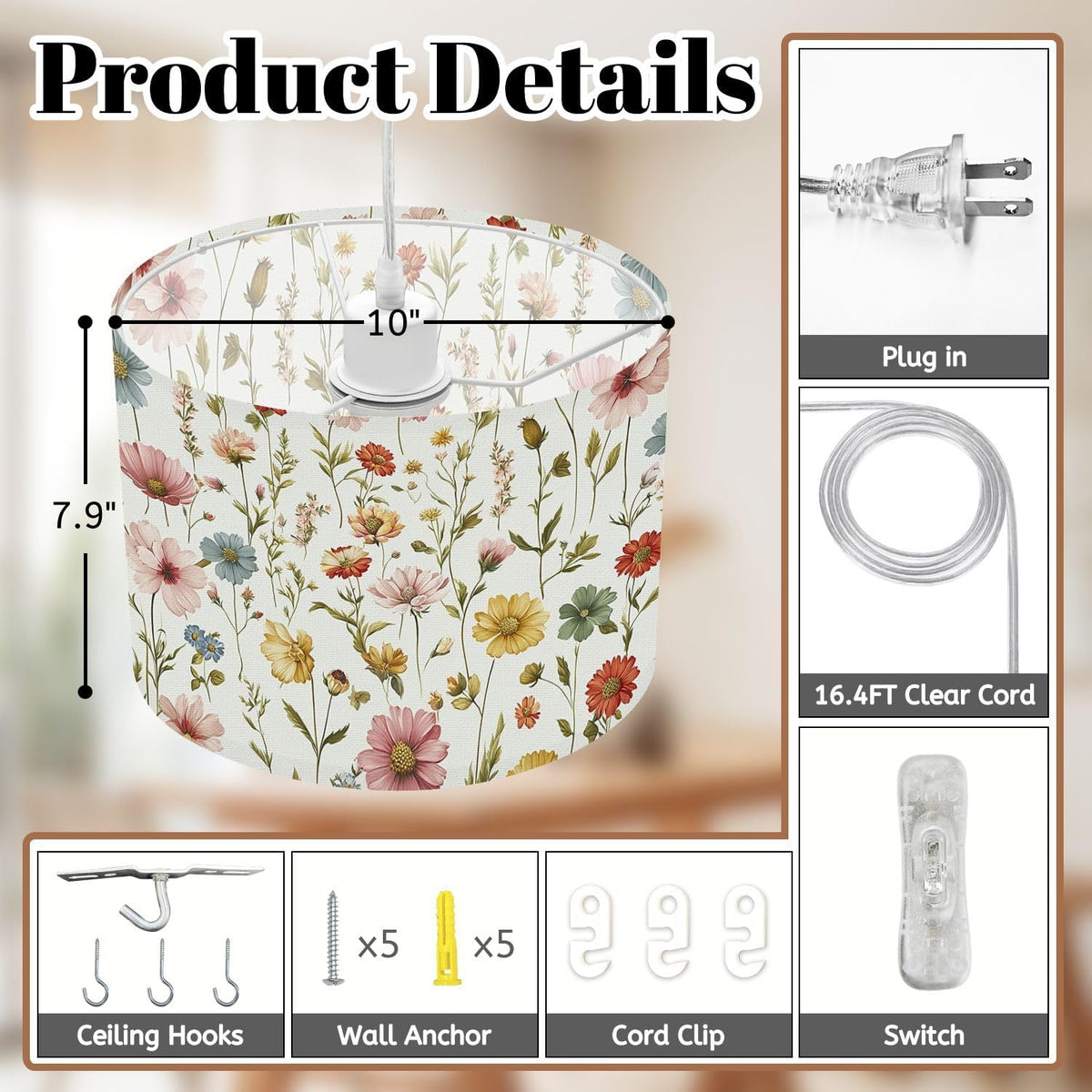 Plug in Pendant Light Floral Wildflower Botanical Pastel Pink Yellow Blue Flowers Light Hanging Light with Plug in Clear Cord Dimmable Switch Linen Shade Hanging Lamp Fixture for Bedroom Kitchen