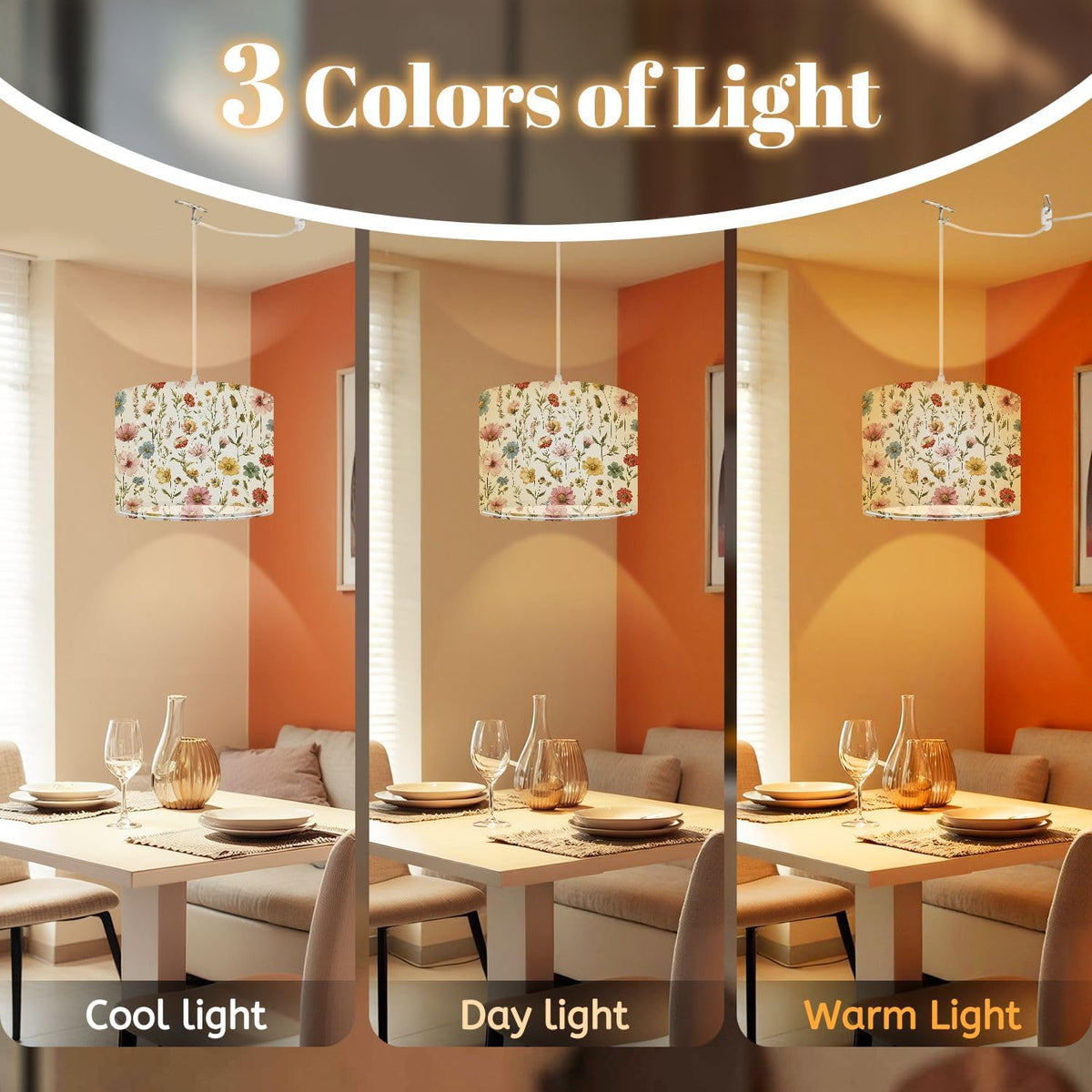 Plug in Pendant Light Floral Wildflower Botanical Pastel Pink Yellow Blue Flowers Light Hanging Light with Plug in Clear Cord Dimmable Switch Linen Shade Hanging Lamp Fixture for Bedroom Kitchen