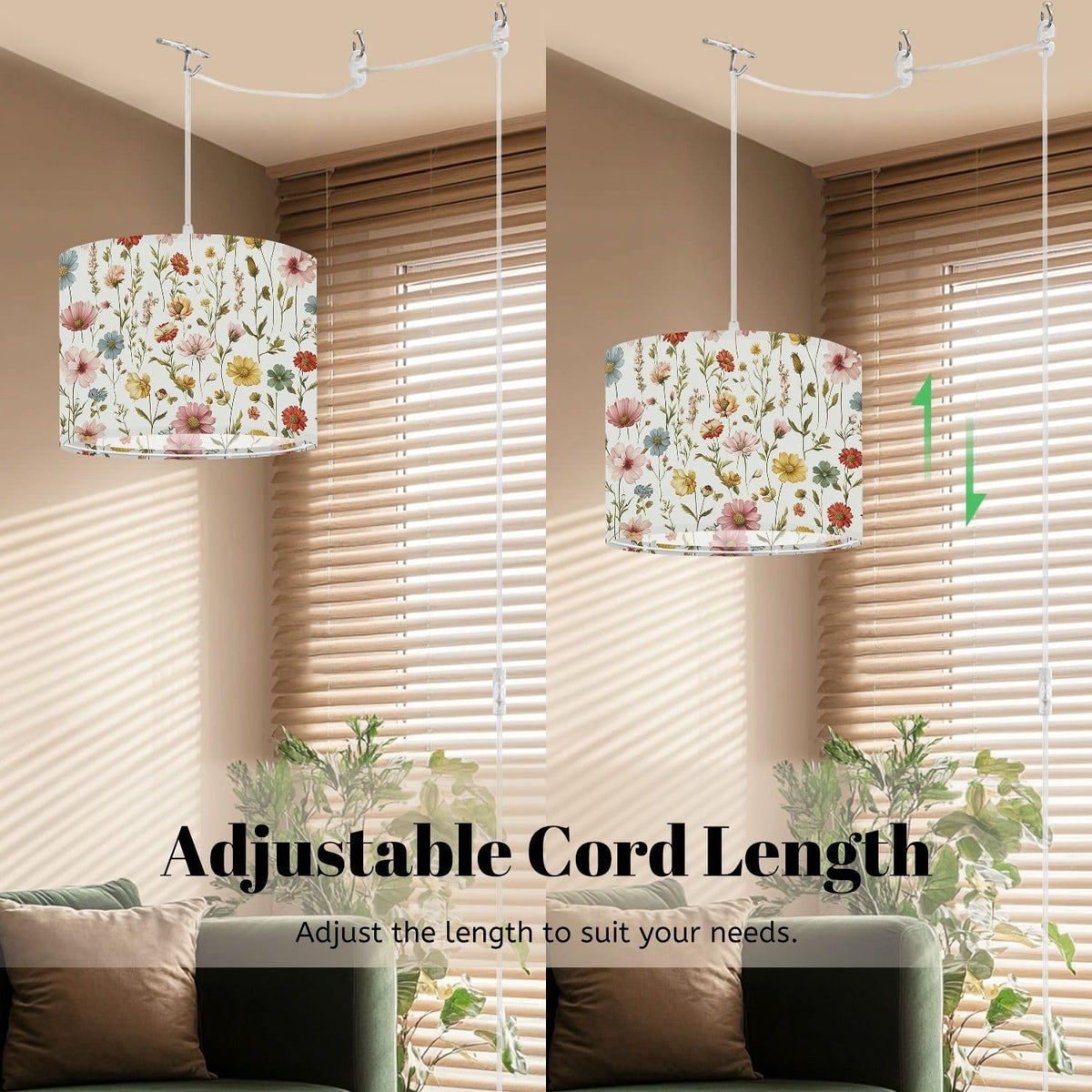 Plug in Pendant Light Floral Wildflower Botanical Pastel Pink Yellow Blue Flowers Light Hanging Light with Plug in Clear Cord Dimmable Switch Linen Shade Hanging Lamp Fixture for Bedroom Kitchen