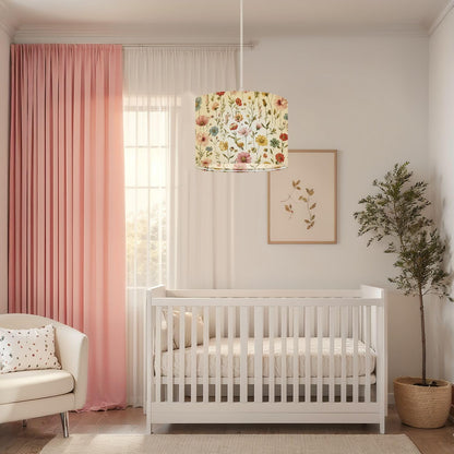 Plug in Pendant Light Floral Wildflower Botanical Pastel Pink Yellow Blue Flowers Light Hanging Light with Plug in Clear Cord Dimmable Switch Linen Shade Hanging Lamp Fixture for Bedroom Kitchen