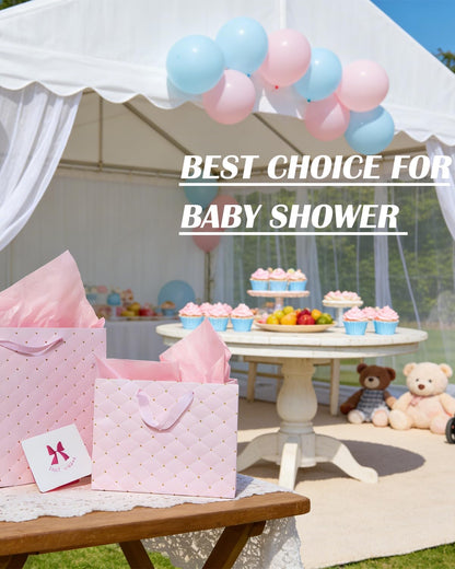2PCS Pink Gift Bags with Handles and Tissue Paper, Luxury Design Valentine bolsas de regalo, 12.6" Large & 9" Medium Size Gift Bags for Baby Shower/Mothers Day/Wedding/Pink Party, Birthday Gift Bag for Women/Girl