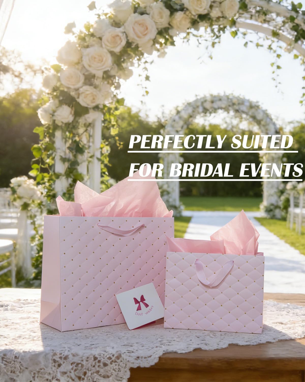 2PCS Pink Gift Bags with Handles and Tissue Paper, Luxury Design Valentine bolsas de regalo, 12.6" Large & 9" Medium Size Gift Bags for Baby Shower/Mothers Day/Wedding/Pink Party, Birthday Gift Bag for Women/Girl