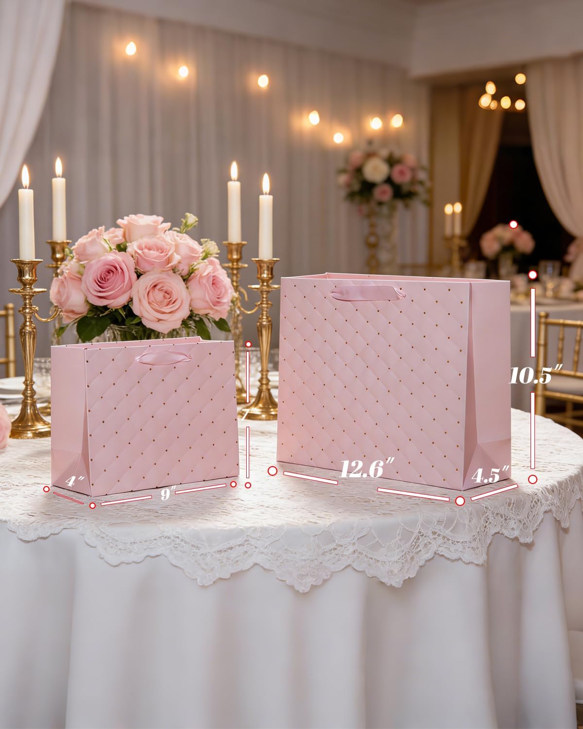 2PCS Pink Gift Bags with Handles and Tissue Paper, Luxury Design Valentine bolsas de regalo, 12.6" Large & 9" Medium Size Gift Bags for Baby Shower/Mothers Day/Wedding/Pink Party, Birthday Gift Bag for Women/Girl
